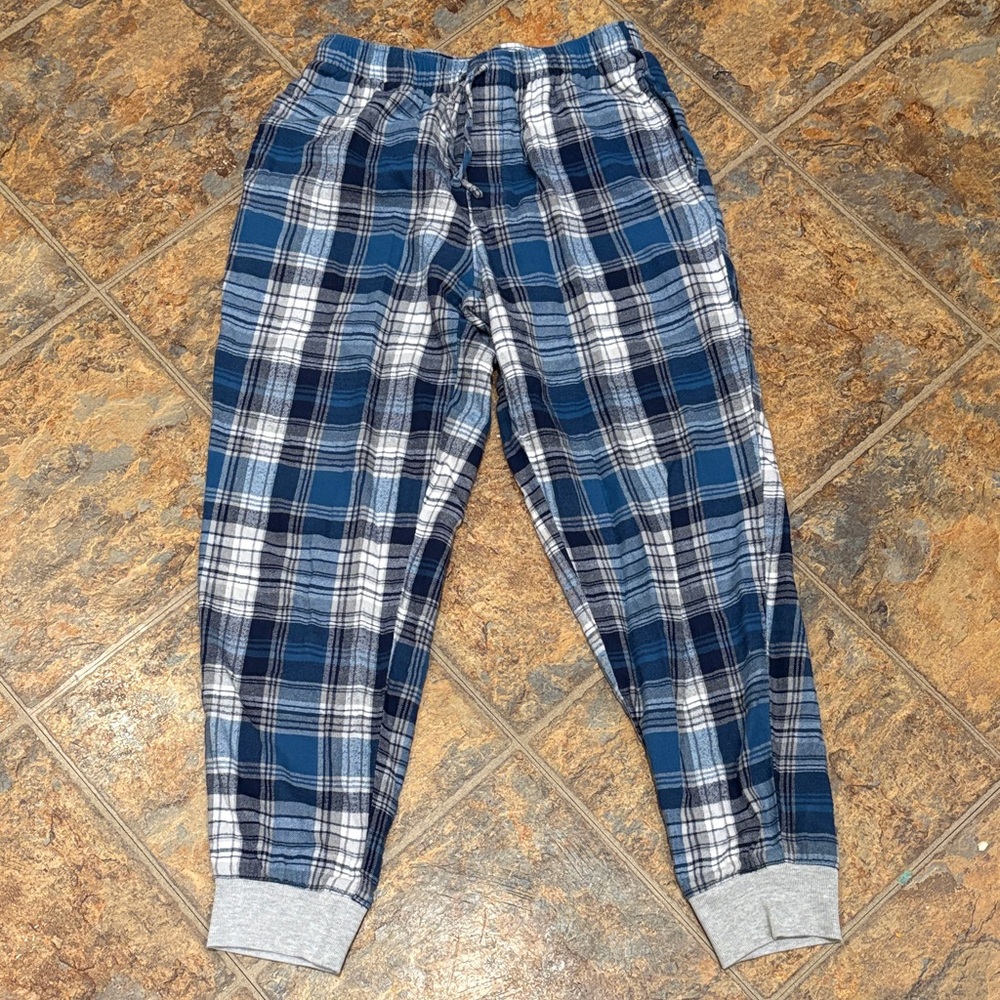 Lands' End Navy and Gray Plaid Lounge Pants men sz s 28-30